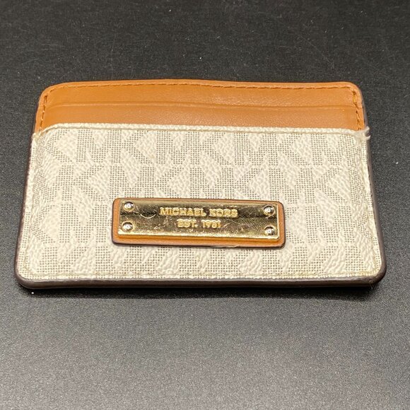 Michael Kors Slim Logo Card Holder Wallet Beige 4" x 3" - Picture 1 of 9